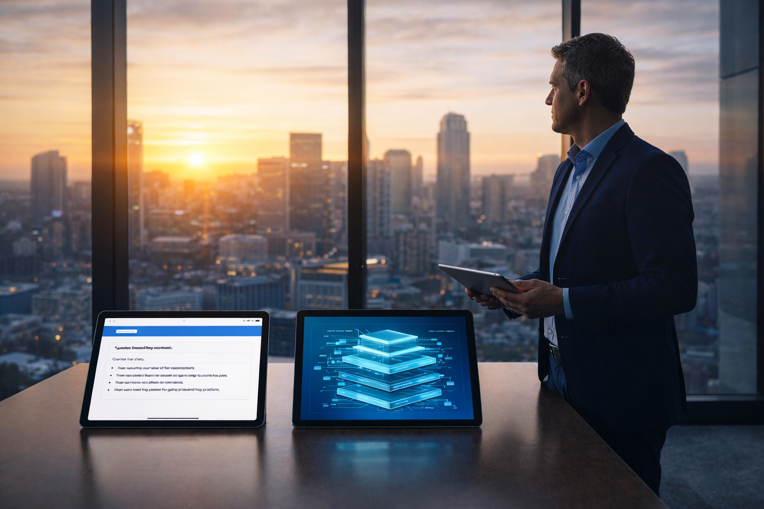 Professional standing in a modern office at sunrise with tablets displaying a direct answer interface and layered digital architecture, symbolizing AEO as the front door and GEO as the foundation of AI-driven discovery.
