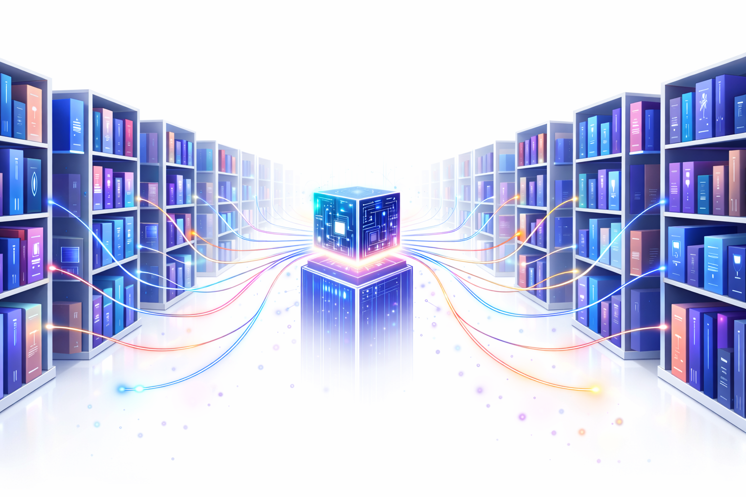 Digital Library of Datasets Feeding a Central AI Processor Conceptual illustration of a digital library where glowing datasets connect to a central AI processor.