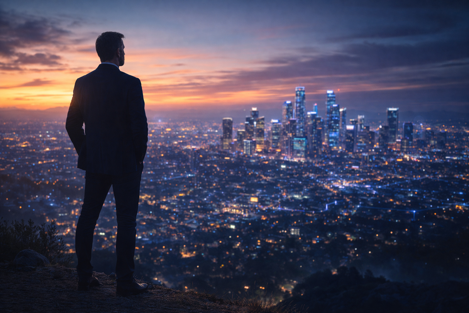 The Future of AI Search Strategy and Digital Brand Discovery Professional standing on a hilltop overlooking a futuristic glowing city at dusk, symbolizing long-term AI search strategy and digital marketing vision.
