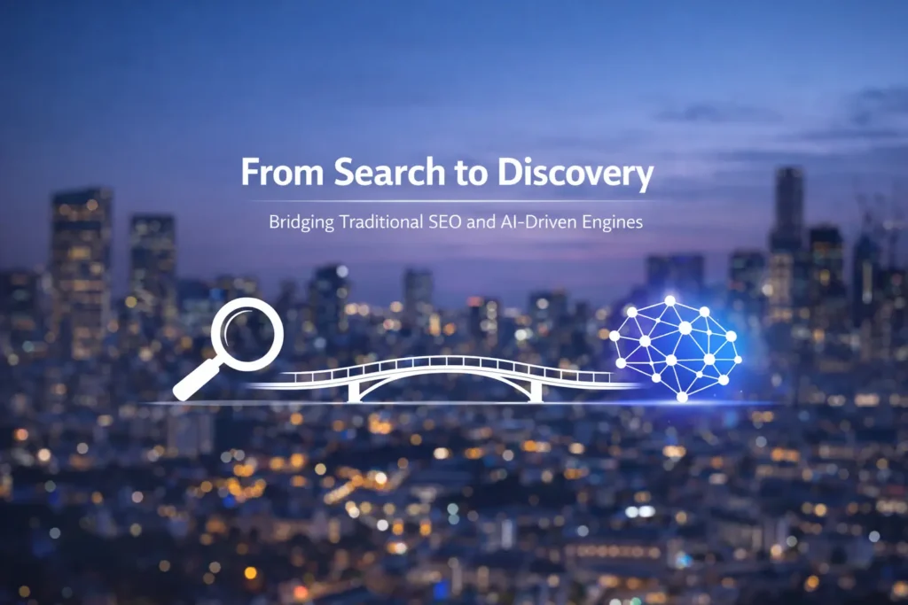 white magnifying glass and neural network icon connected by a bridge over a city skyline, representing the evolution from traditional SEO to AI-driven discovery engines.