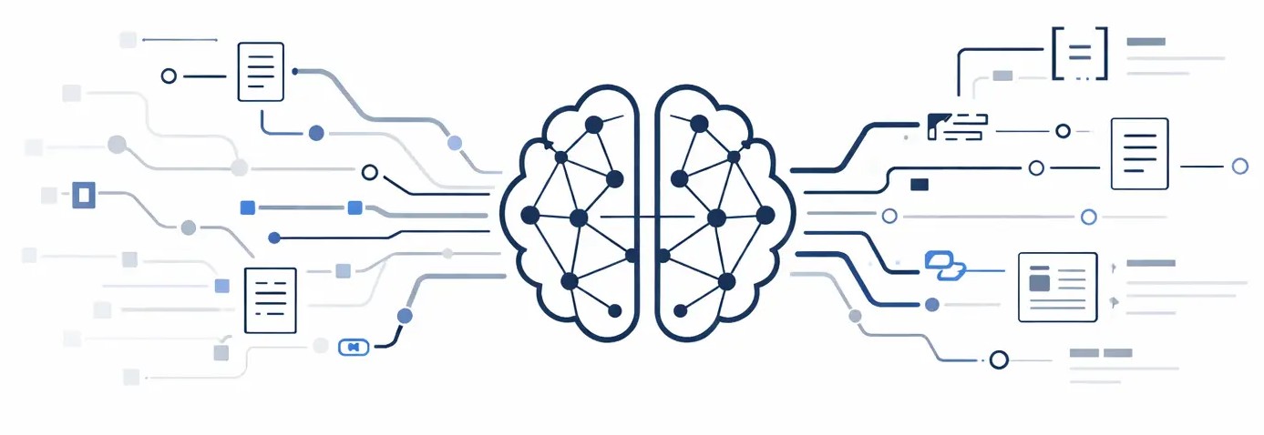 Flat vector illustration of data streams flowing into a centered brain-like AI icon that outputs structured citation and link symbols
