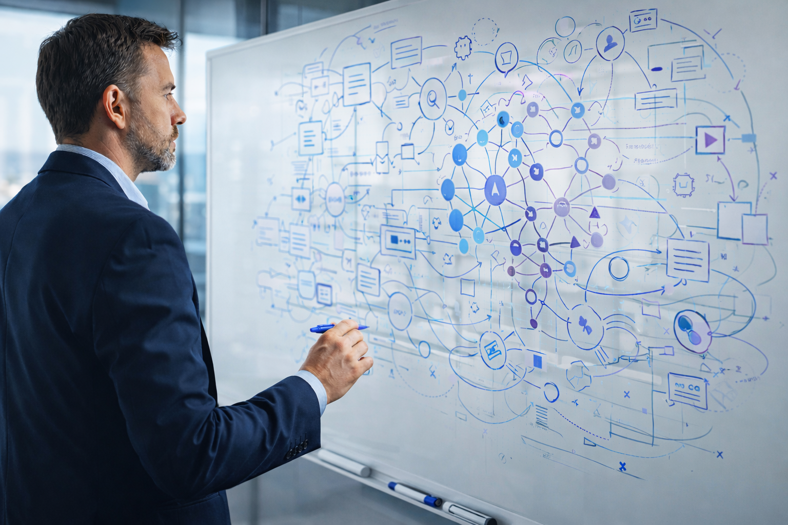 GEO and LLMO Strategy Planning for AI-Driven Search Digital marketing strategist analyzing AI search strategy diagrams and entity relationships on a whiteboard in a modern executive office.